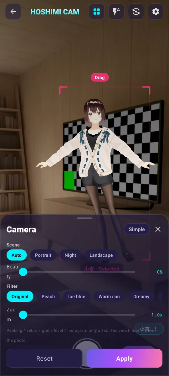 Camera panel: framing, beauty, filter and zoom controls over the live preview