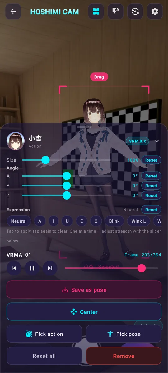 Character panel: size and angle sliders, expression chips, action transport and pose buttons